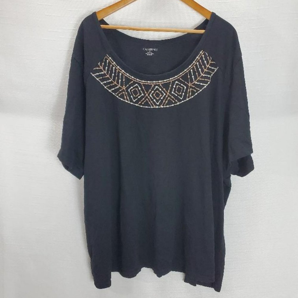 Catherines Embroidered Shirt Womens 5x (34/36W) Black Short Sleeve 100% Cotton